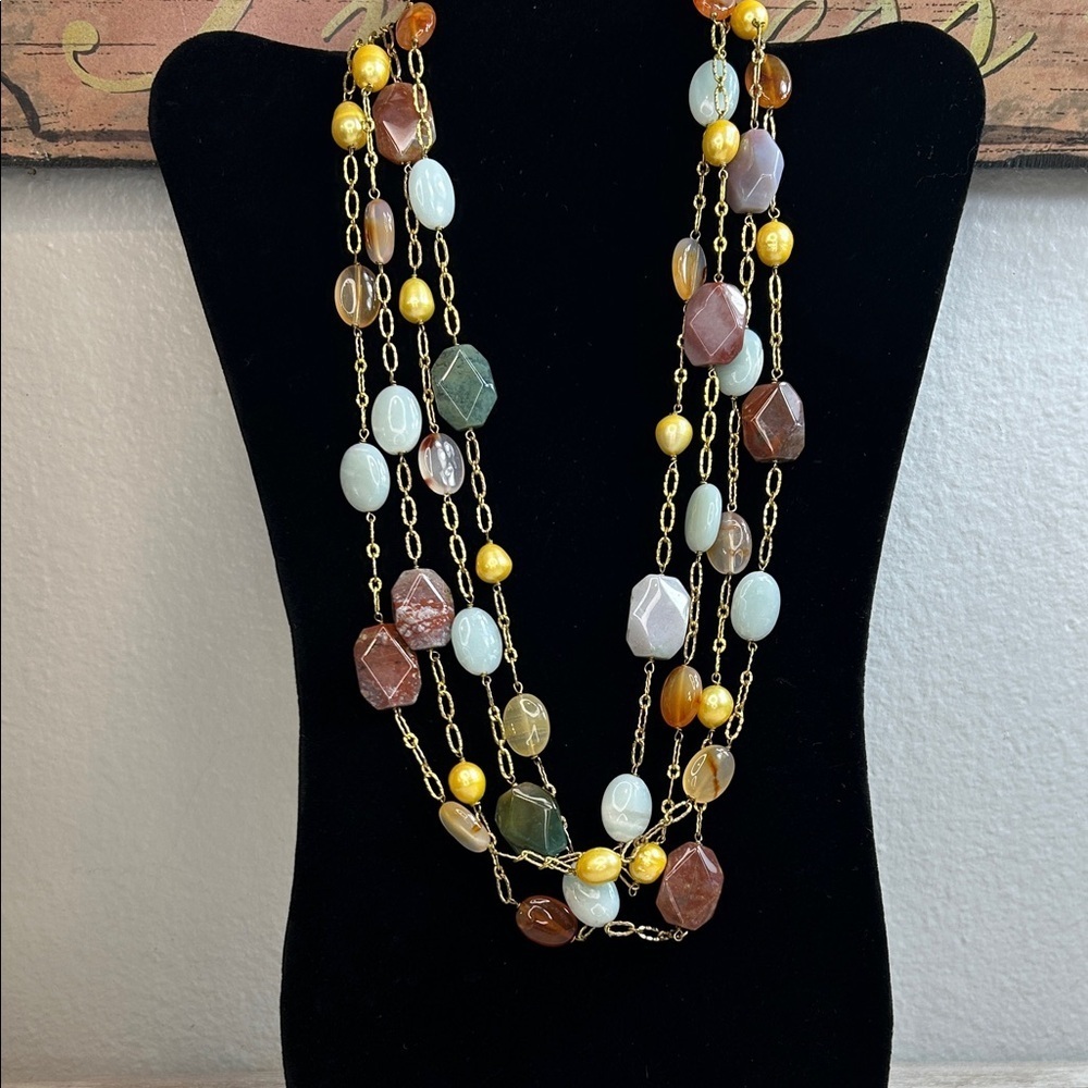 Stunning Vintage 92 Inch Free Form Stone and Freshwater Pearl Beaded Necklace